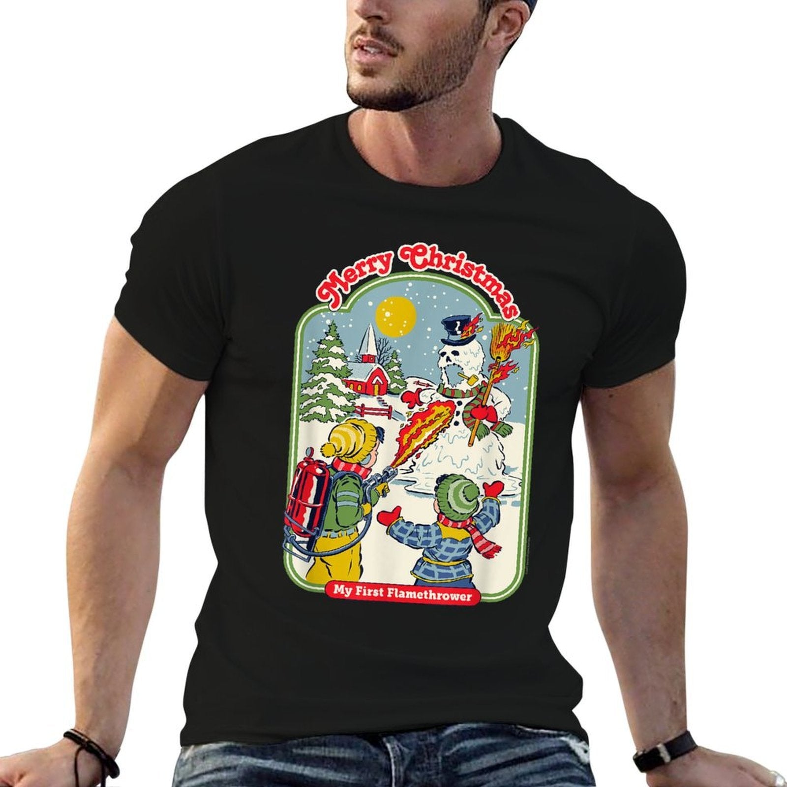 Steven Rhodes My First Flamethrower Snowman Retro Dark Humor  Moisture-wicking T-Shirt