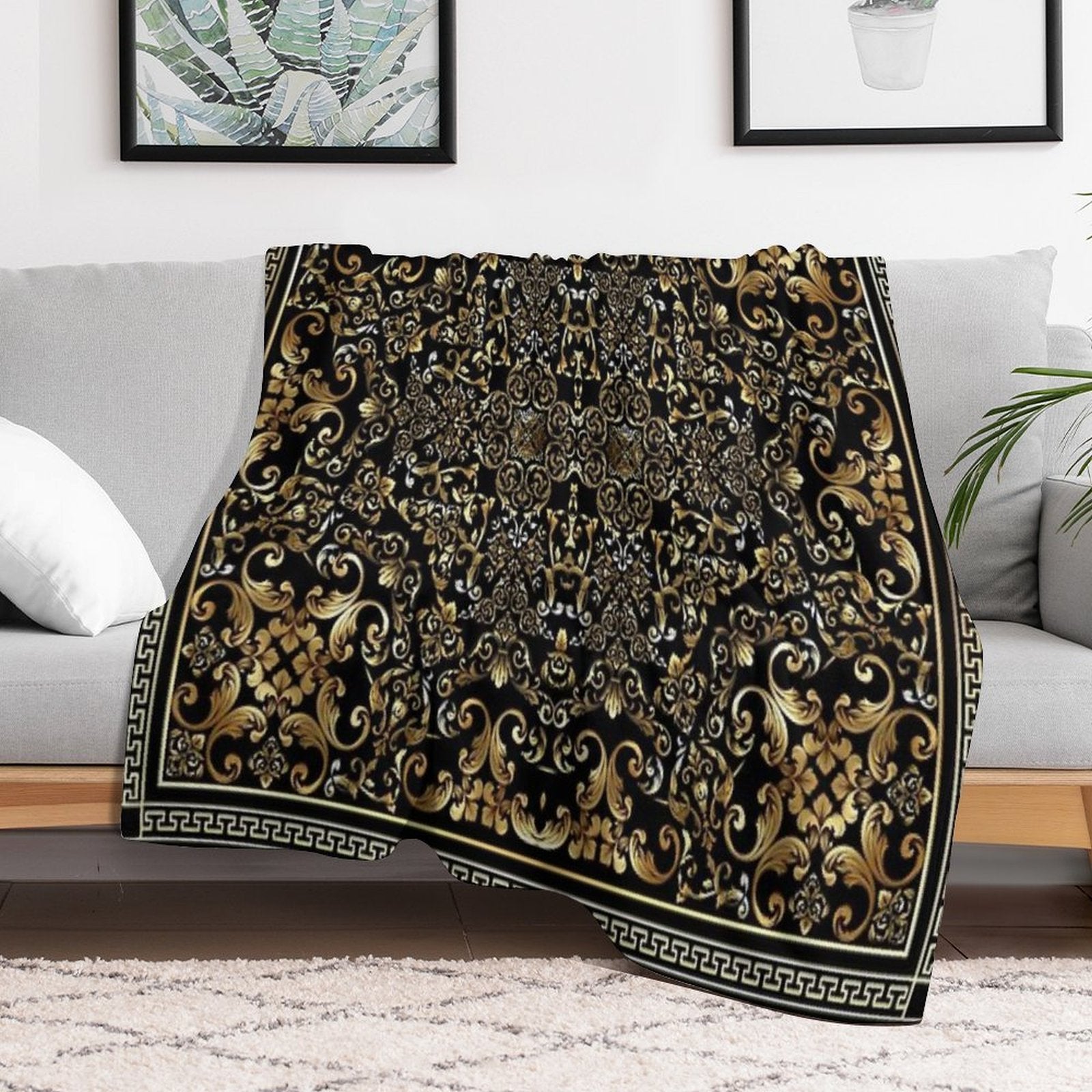 Ornate Baroque Black And Gold Greek Key Border Sustainable Throw Blanket