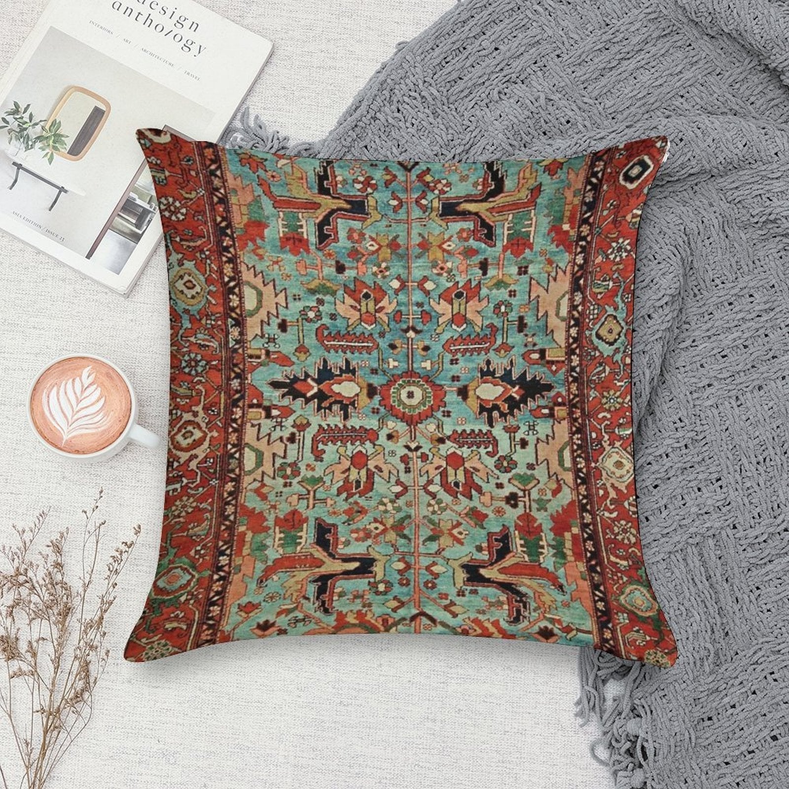 Antique Heriz Persian Carpet Print Soft Durable Construction Throw Pillow