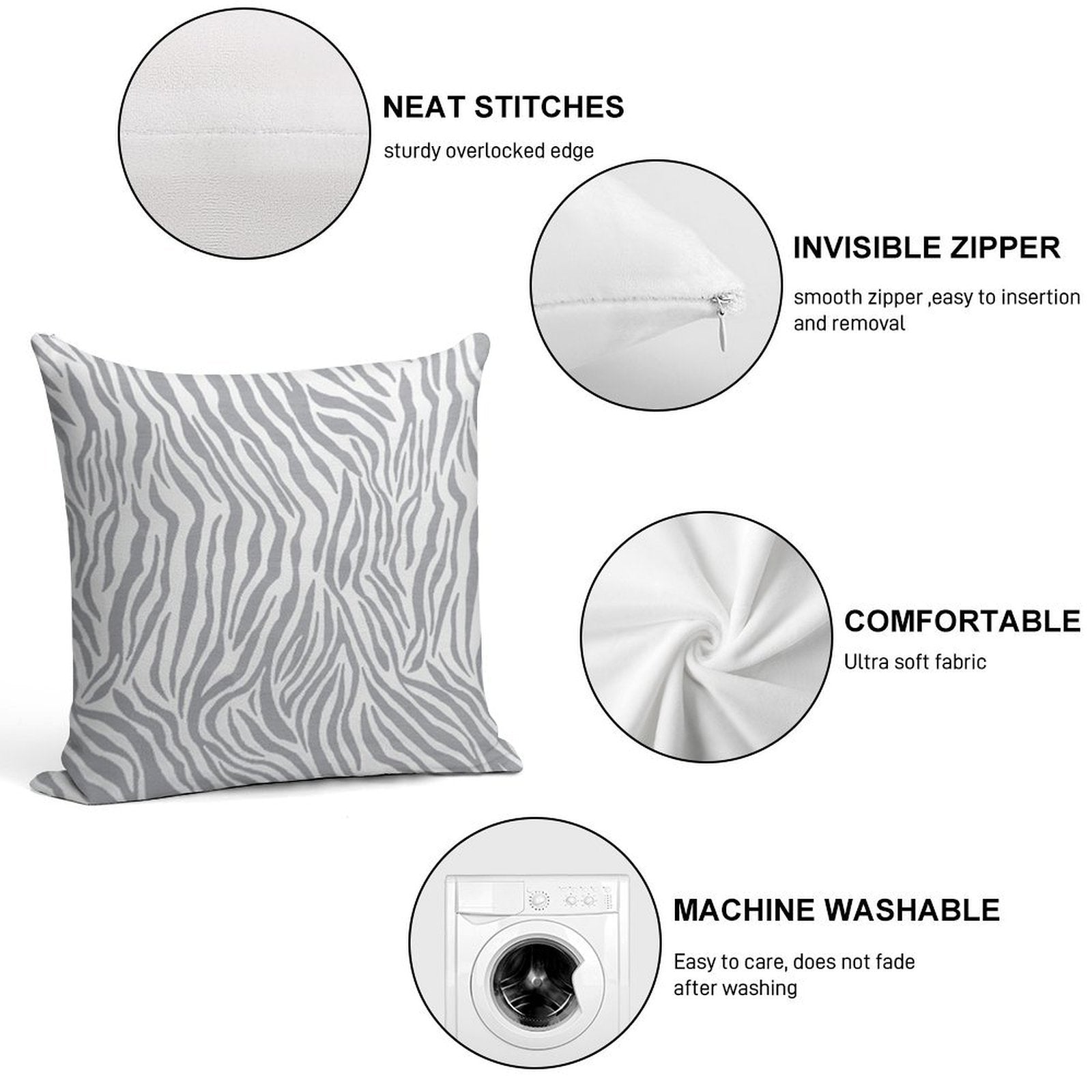 Stylish Grey Zebra Print Soft Bedroom Essential Throw Pillow