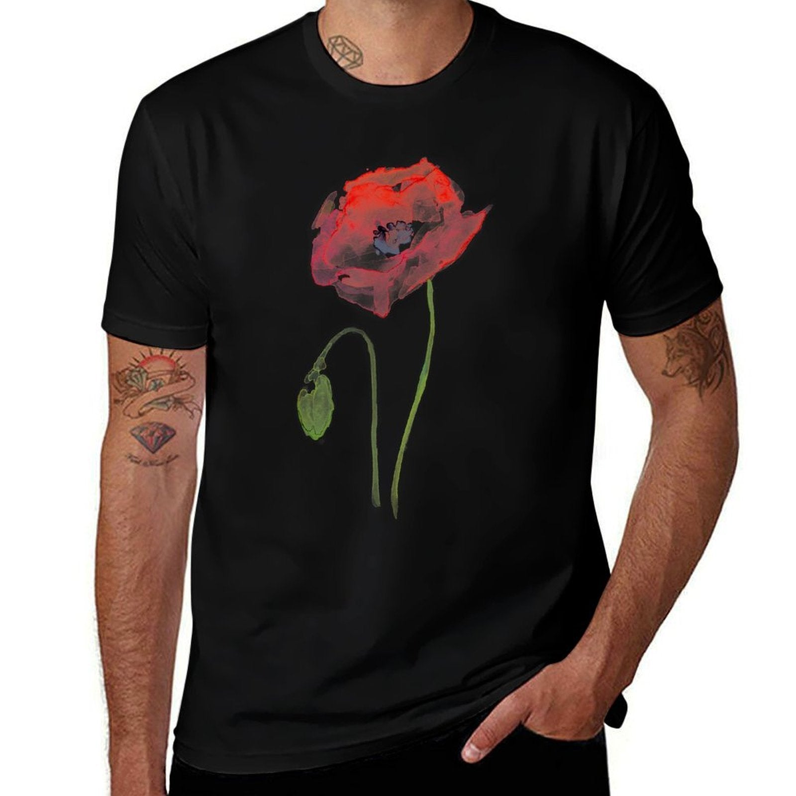 Red Poppy Watercolor Floral T-shirt  Tagless Design T-Shirt