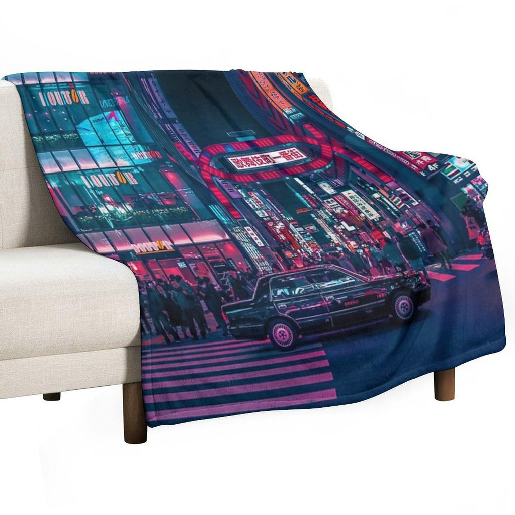 Cyberpunk Tokyo Street Travel-friendly Throw Blanket