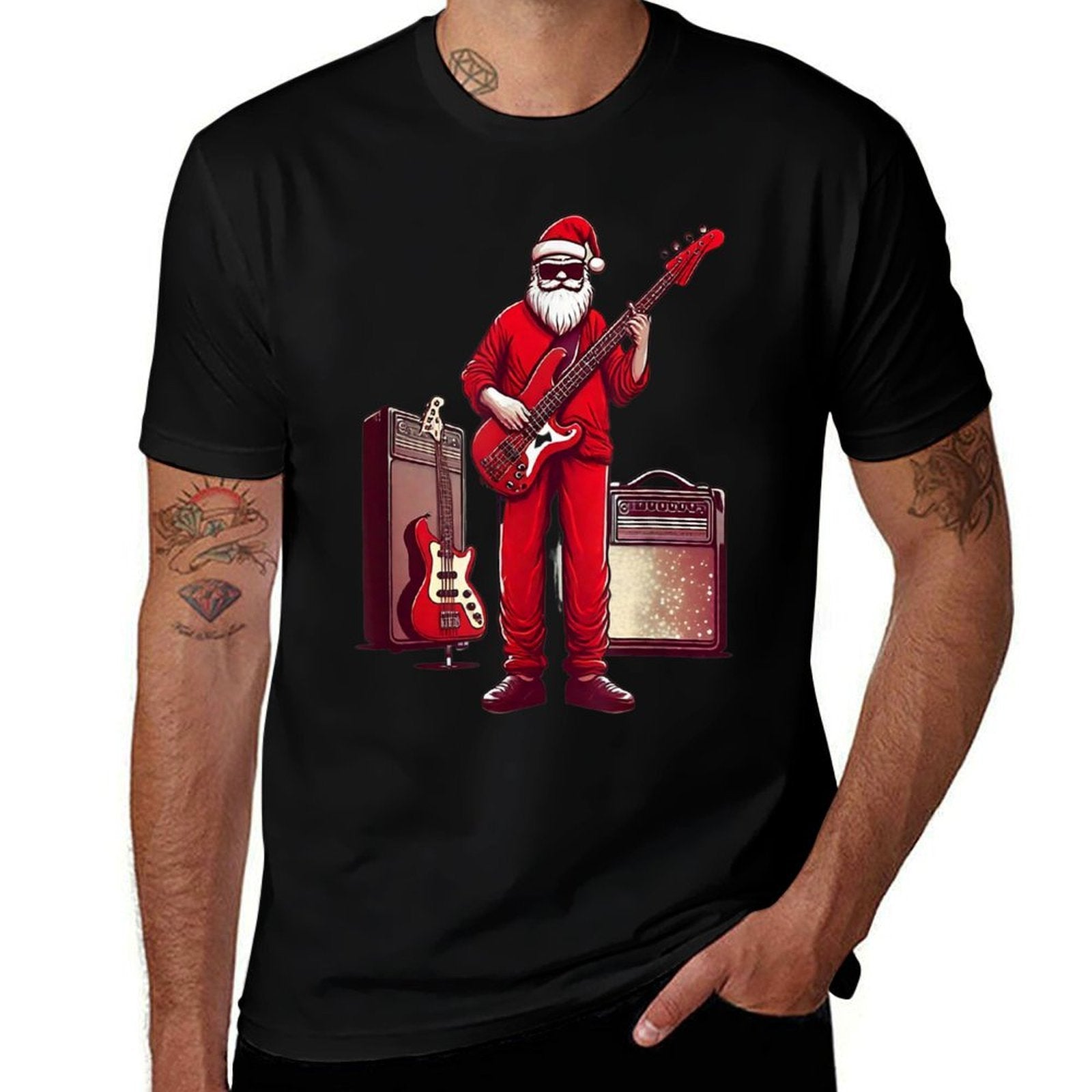 Santa Playing Guitar Bass Christmas Pajama Musician Bassist  Lightweight T-Shirt