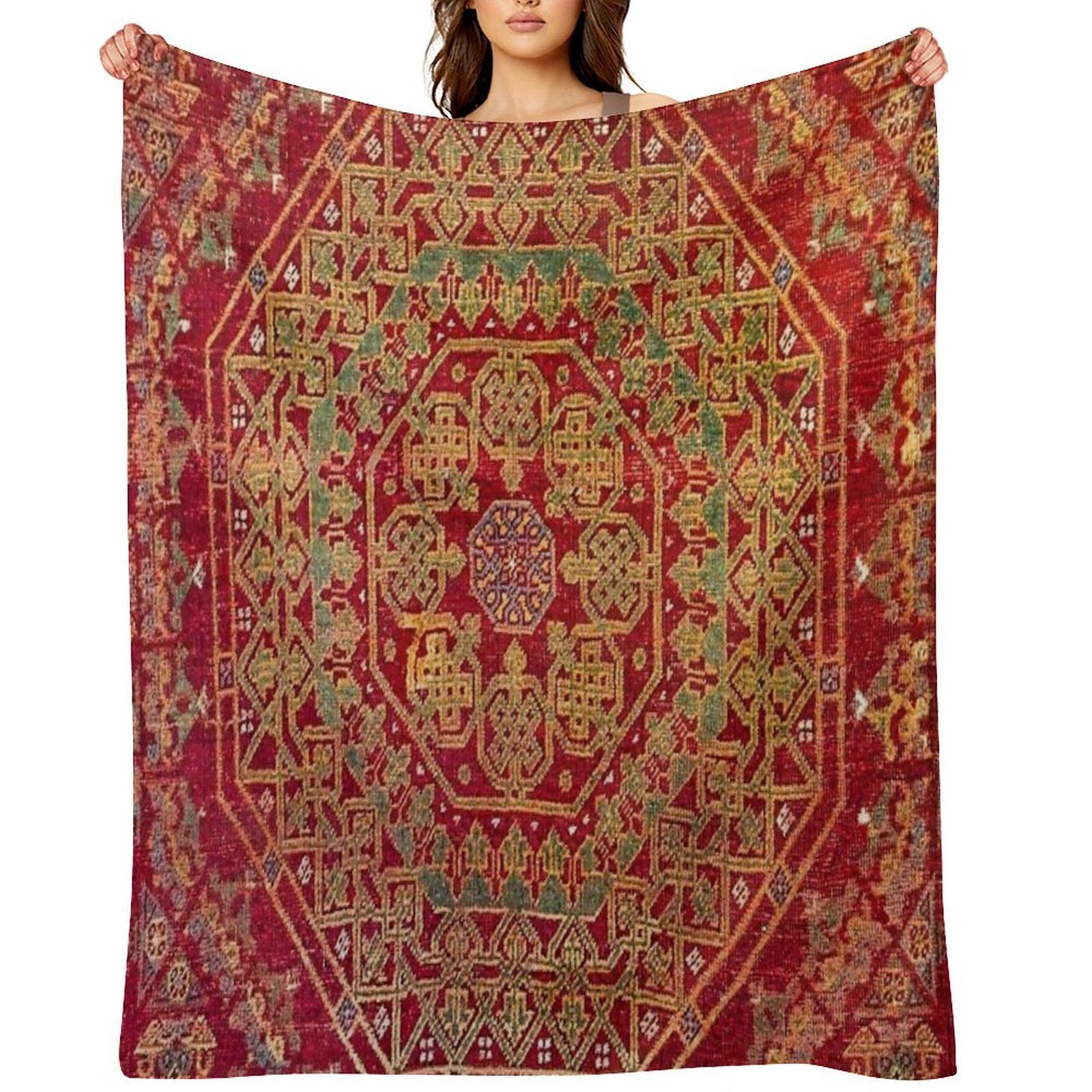 Bohemian Medallion VII  15th Century Old Distressed Red Green Coloful Ornate Accent Rug Pattern Wrinkle-free Throw Blanket