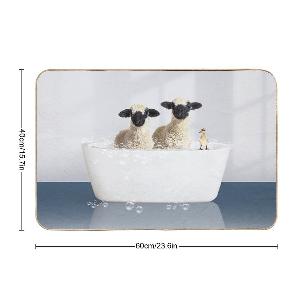 Two Lambs And Duckling in Modern Bathtub Blue Print, Lamb Bathing, Animals in Bathtub Art by Synplus  Easy To Clean Bath Mat