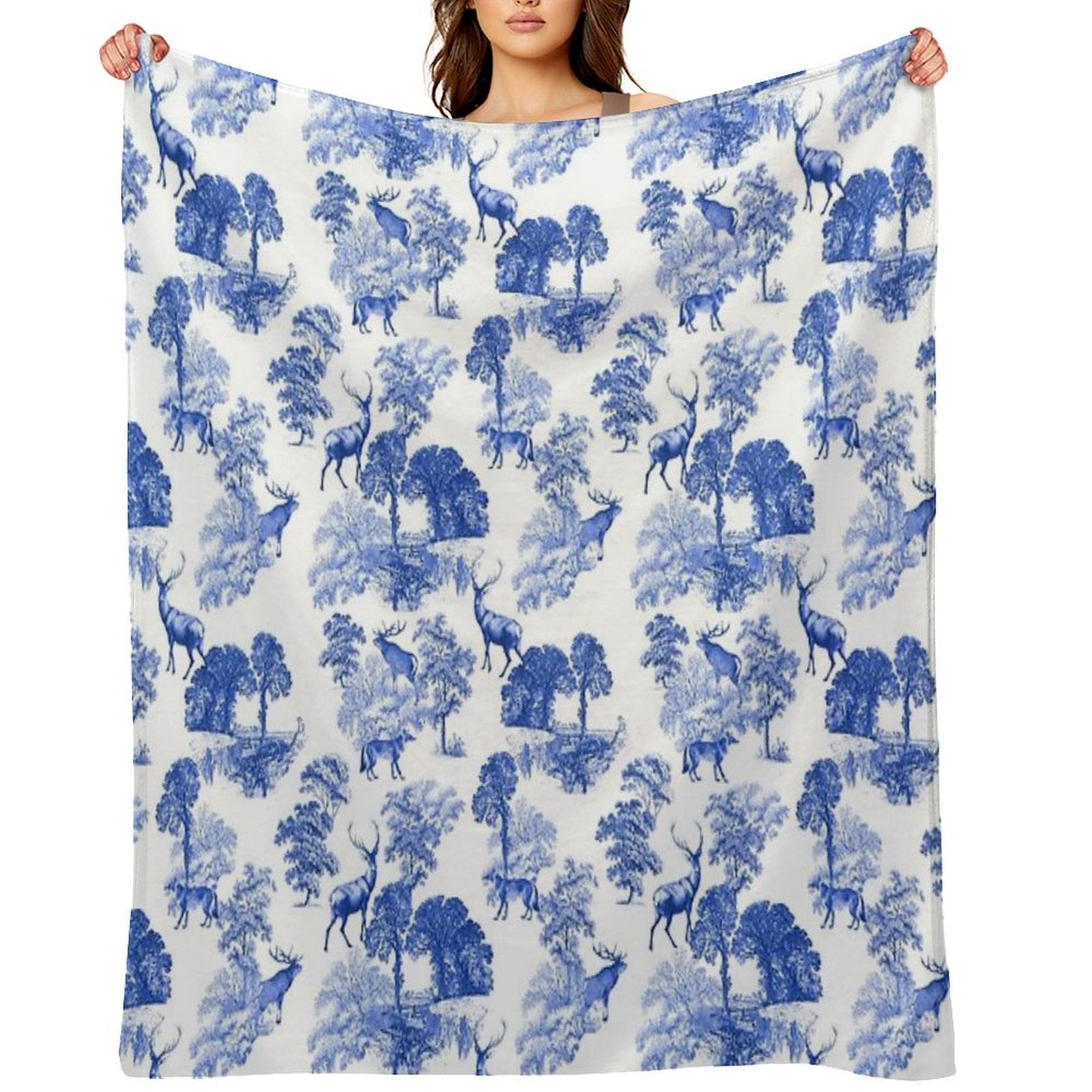 Elegant Vintage Blue Toile Deer in Woodland Quick-dry Throw Blanket