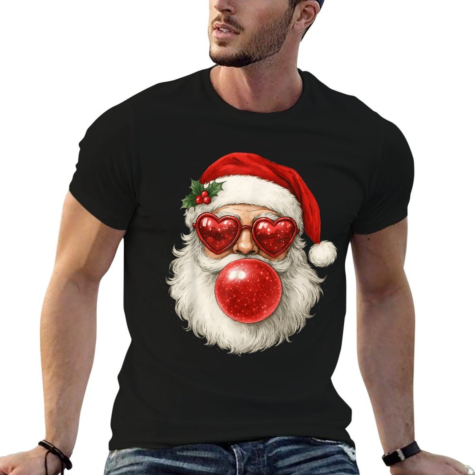 Red Santa Christmas Bubble Gum Sunglasses Vintage Retro  Slim-fit Cut T-Shirt