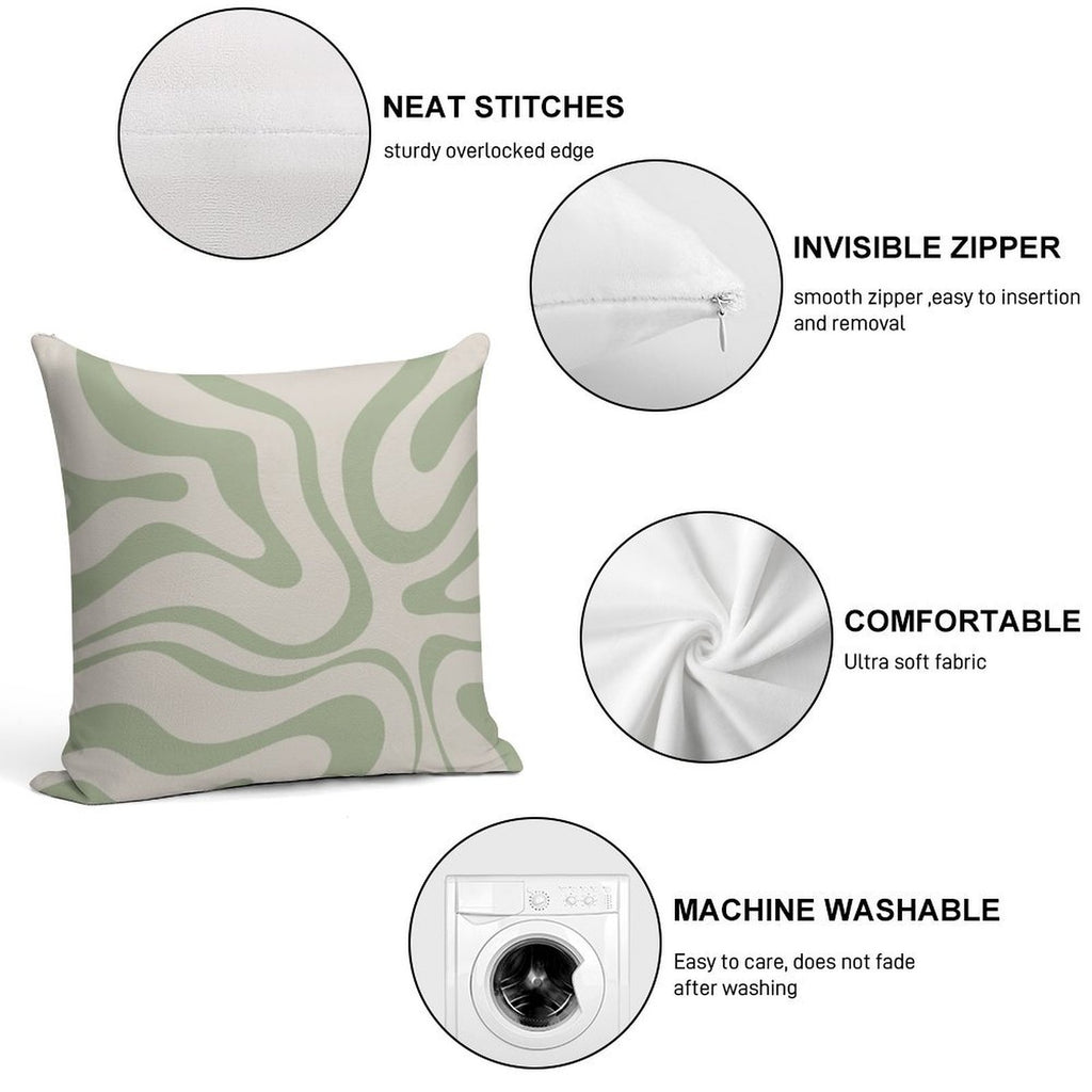 Liquid Swirl Abstract Pattern in Beige And Sage Green Soft Shrink-Resistant Throw Pillow