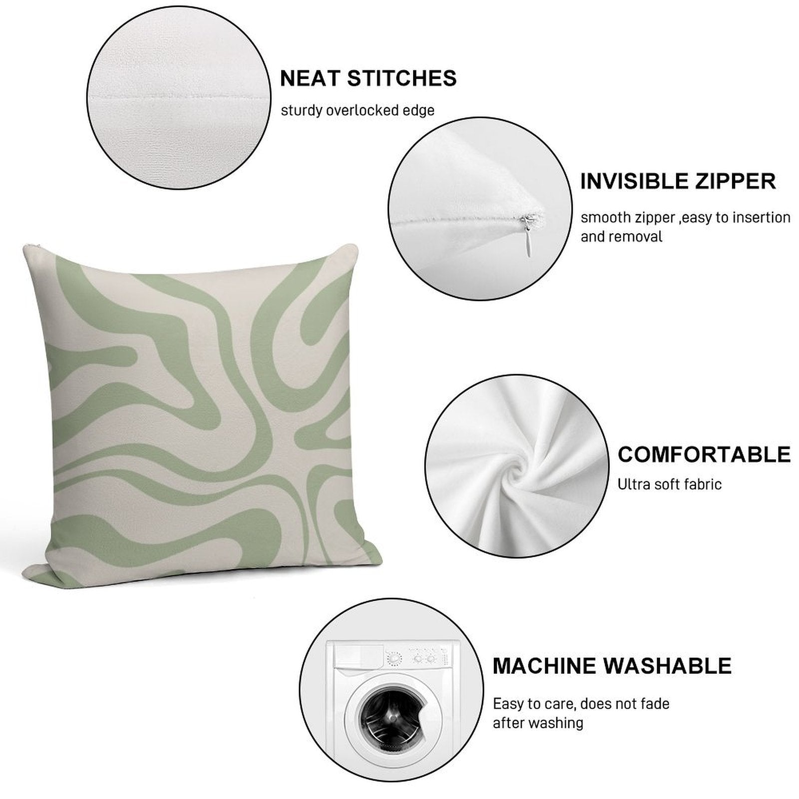 Liquid Swirl Abstract Pattern in Beige And Sage Green Soft Shrink-Resistant Throw Pillow
