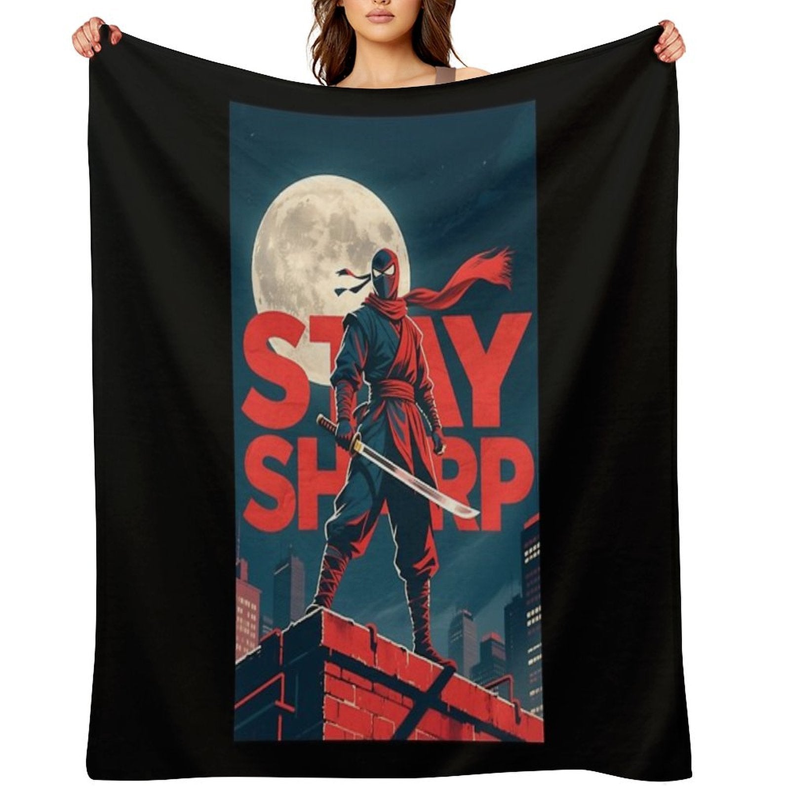 Stay Sharp – Retro Ninja in Hope-Style Urban Scene Anti-pilling Throw Blanket