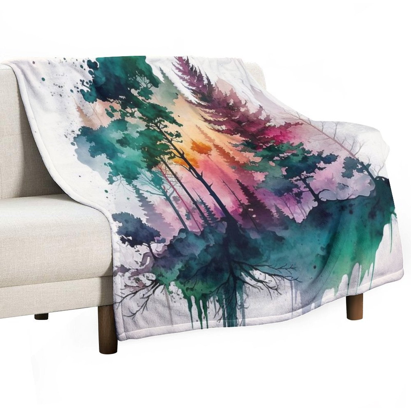 Colorful Forest Watercolor Painting Sustainable Throw Blanket