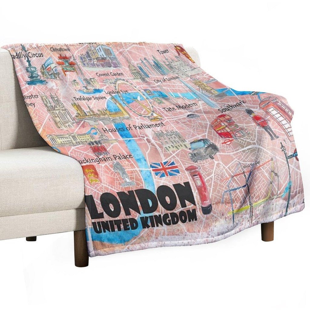 London UK Illustrated Map with Main Roads, Landmarks & Highlights Easy Care Throw Blanket