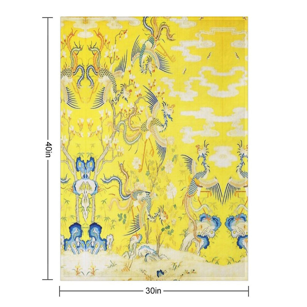 Five Phoenixes in The Garden ,Chinese Imperial Bright Yellow Floral Tapestry Plush Throw Blanket