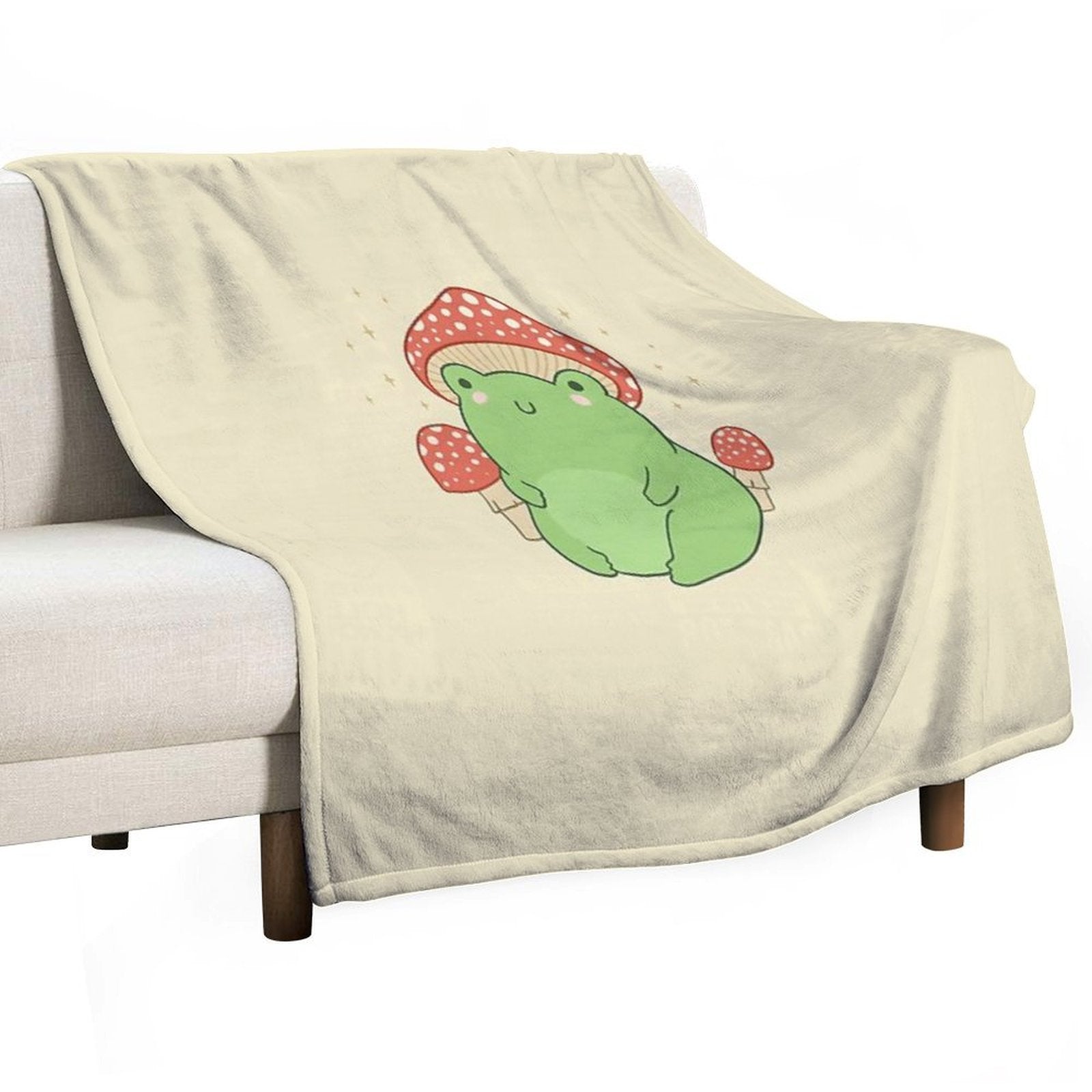 Kawaii Frog with Mushroom Hat Cottagecore Aesthetic Froggy, Chubby Toad in Forest Themed Fantasy Toadstools Plush Throw Blanket