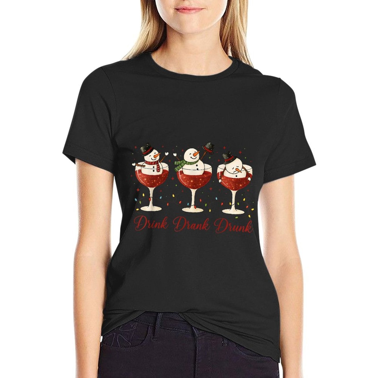 Drink Drank Drunk Snowman Wine Glasses Christmas Wine Lover Comfortable T-Shirt