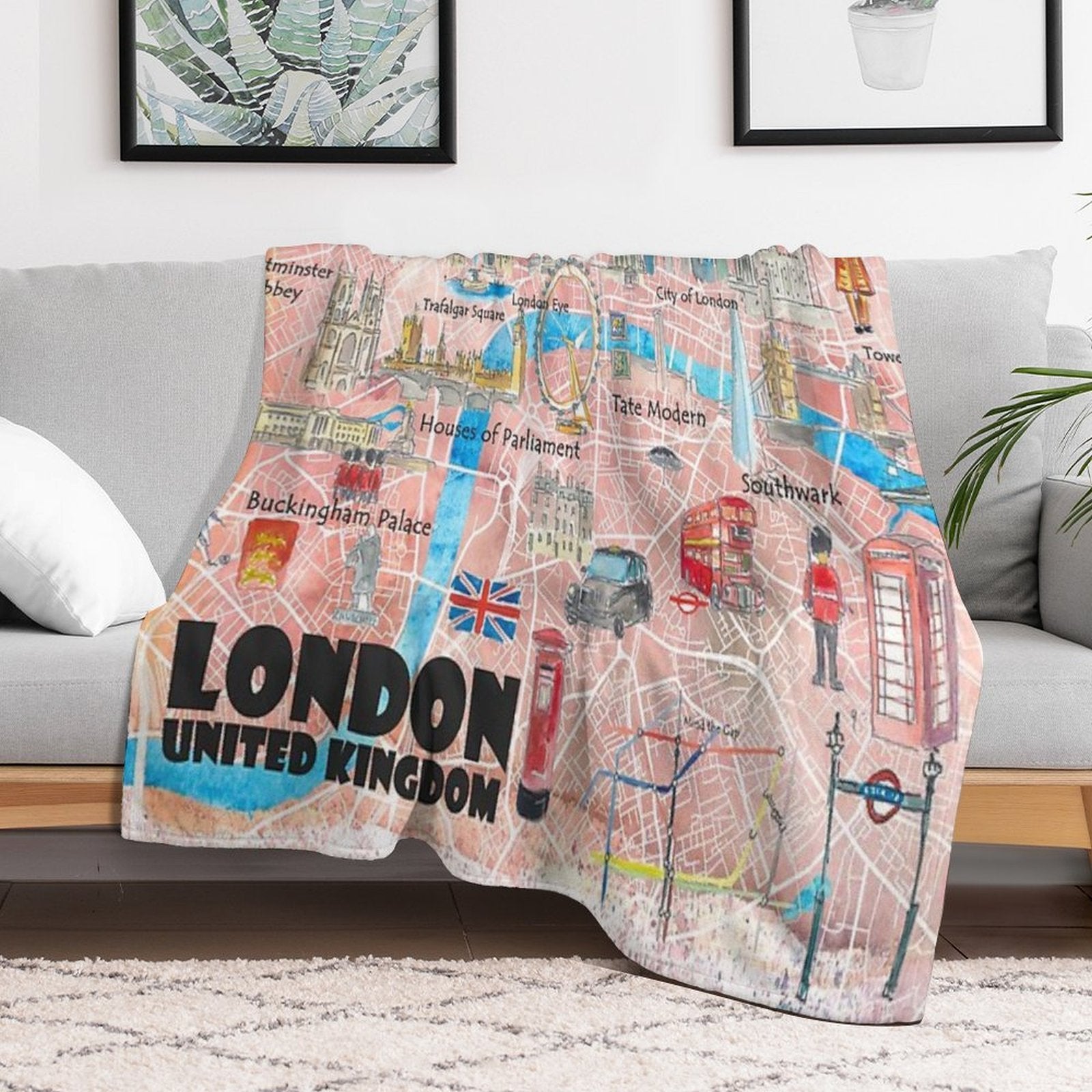London UK Illustrated Map with Main Roads, Landmarks & Highlights Easy Care Throw Blanket