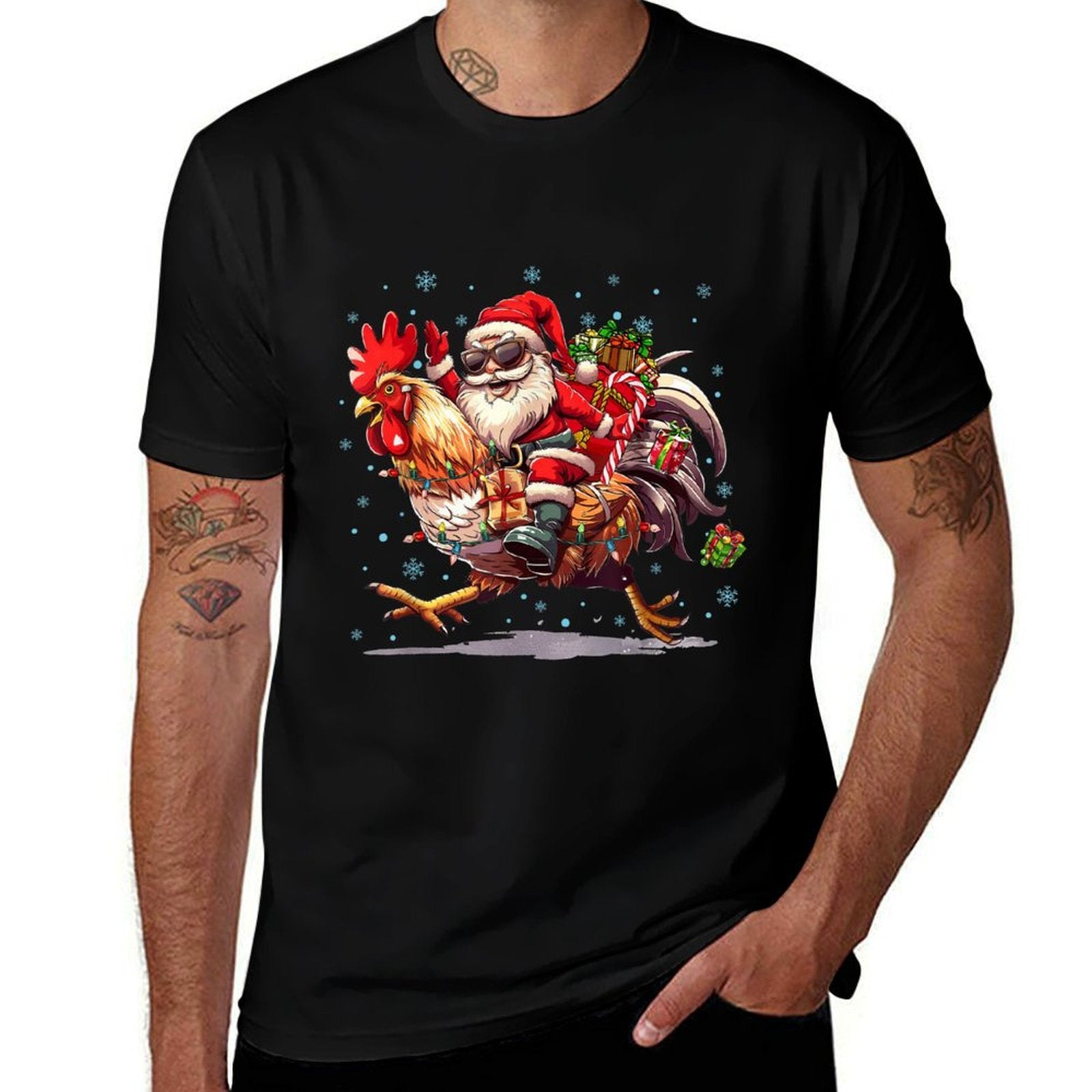 Ugly Christmas Santa Riding Chicken Christmas Tree Lights  Polyester Blend T-Shirt