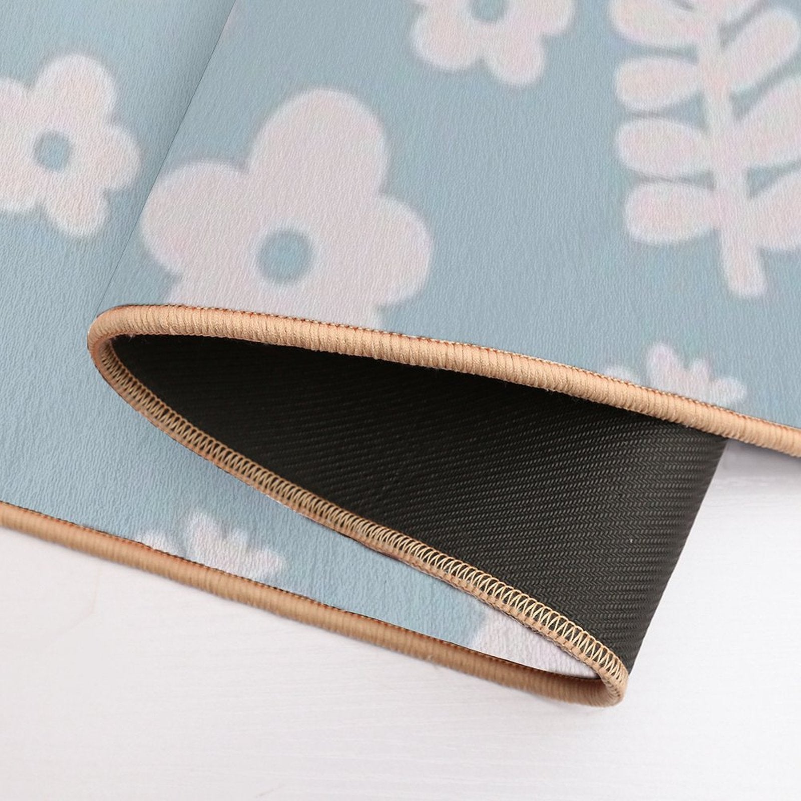 Mid Century Modern Flowers & Leaves, Cute Retro Pattern, Sky Blue  Easy Maintenance Bath Mat