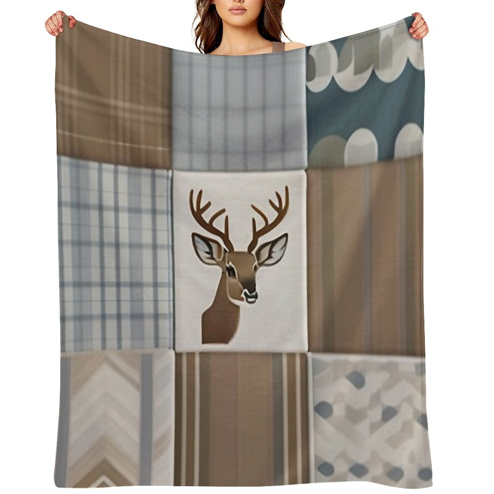 Deer Patchwork - Rustic Neutrals Travel-friendly Throw Blanket