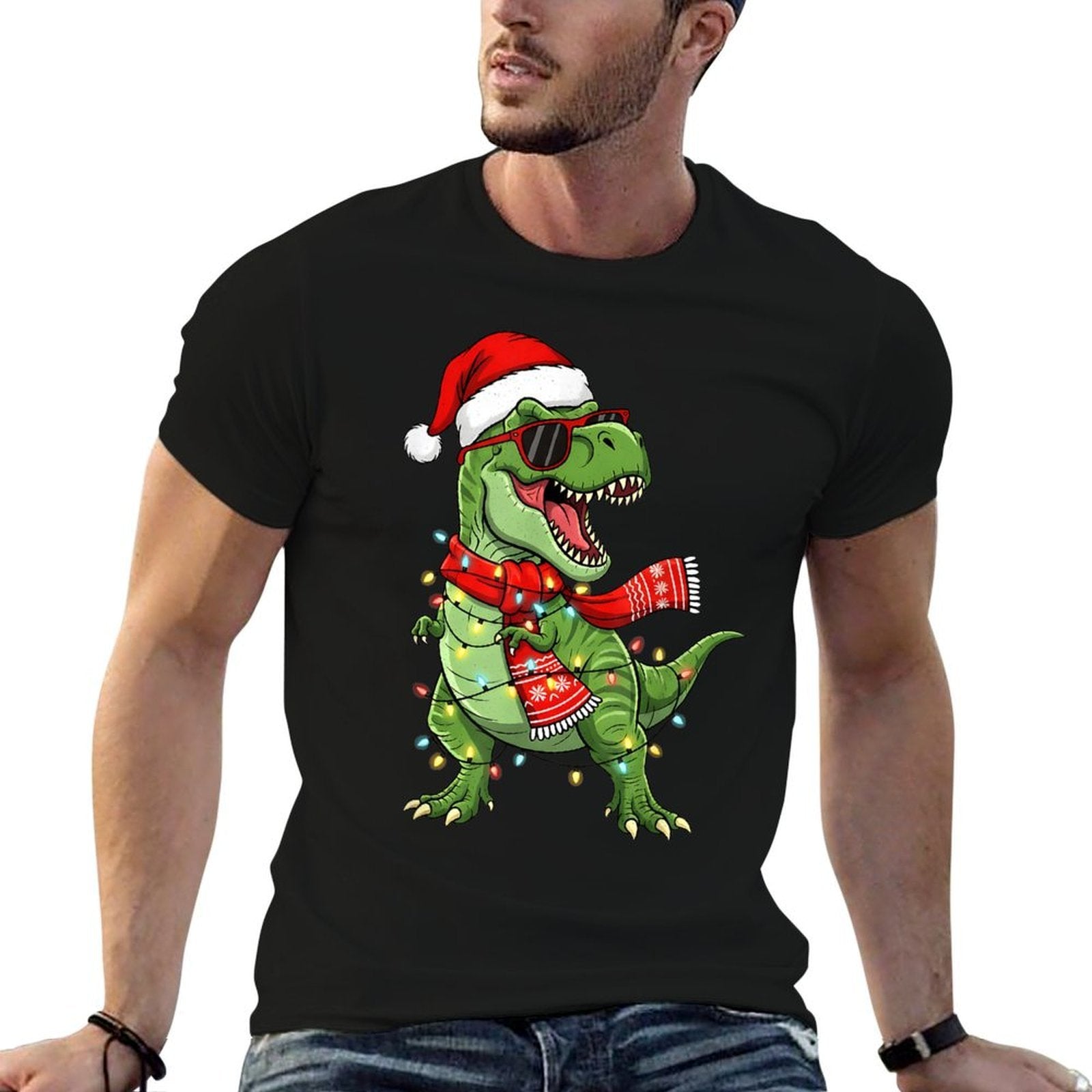 Cool Dinosaur Christmas with Santa Hat And Lights Boy Kids  Easy-care T-Shirt