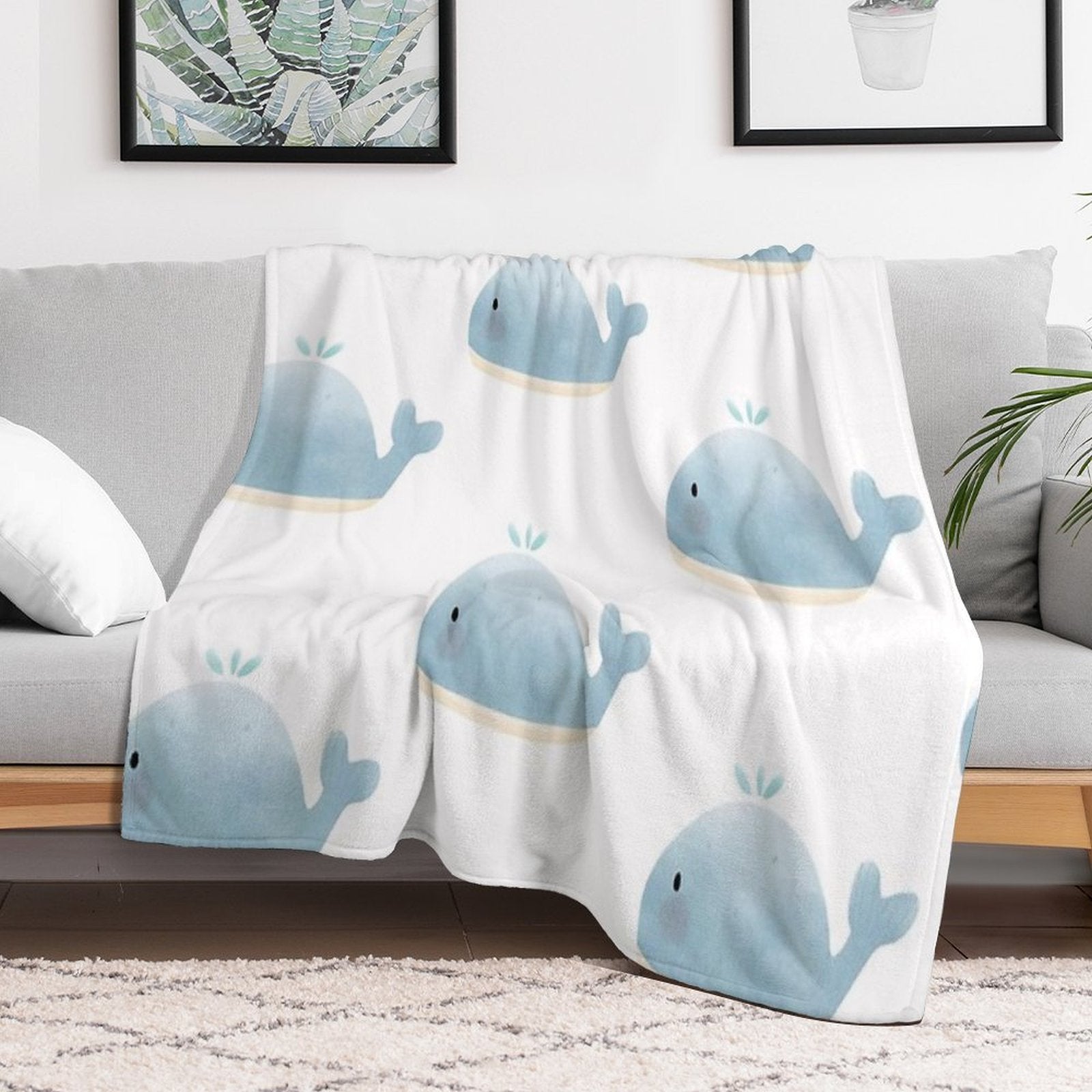 Blue Whale Watercolor Hand Drawn Kawaii Versatility Throw Blanket