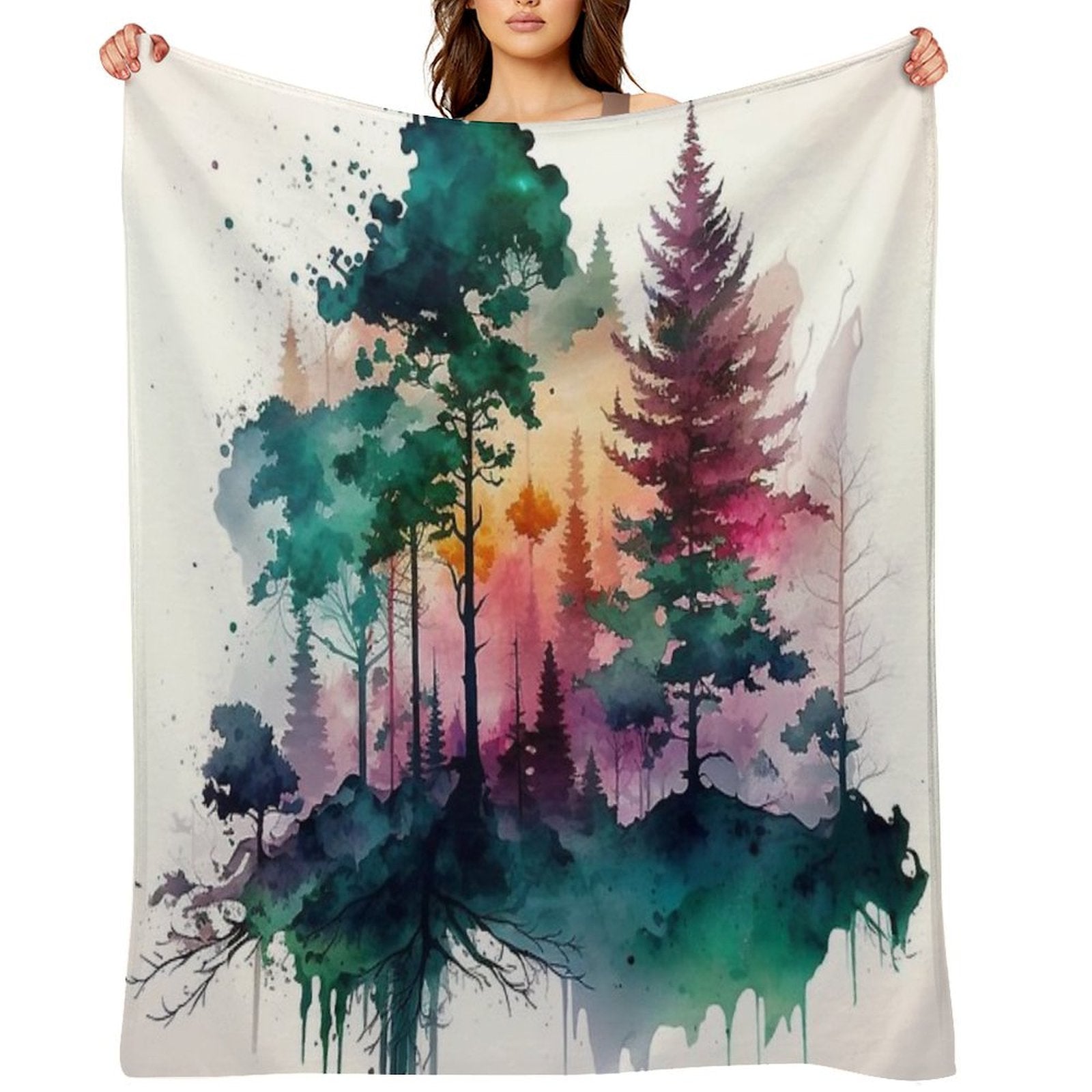 Colorful Forest Watercolor Painting Sustainable Throw Blanket
