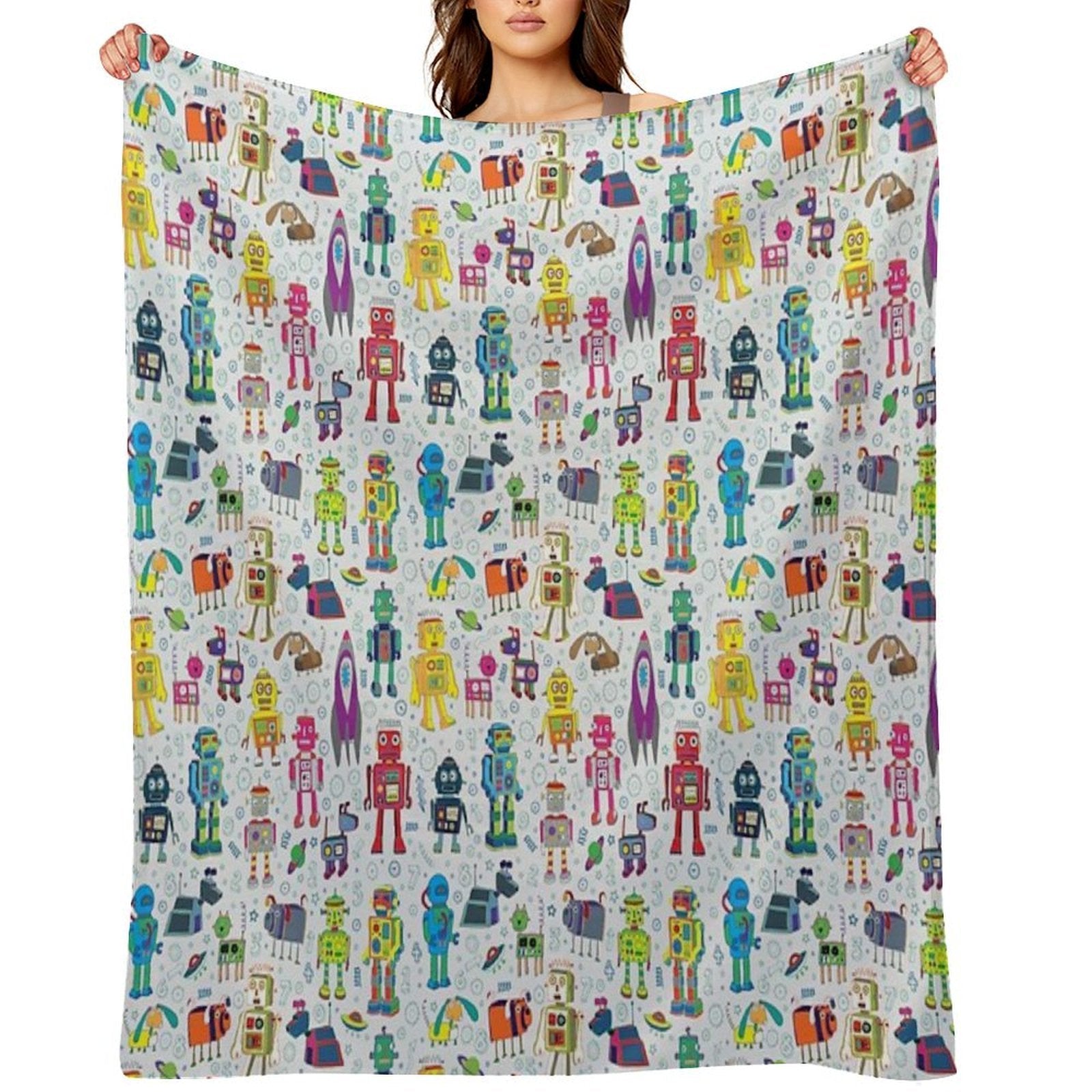 Robots in Space - Grey - Fun Robot Pattern by Cecca Designs Comfort Throw Blanket
