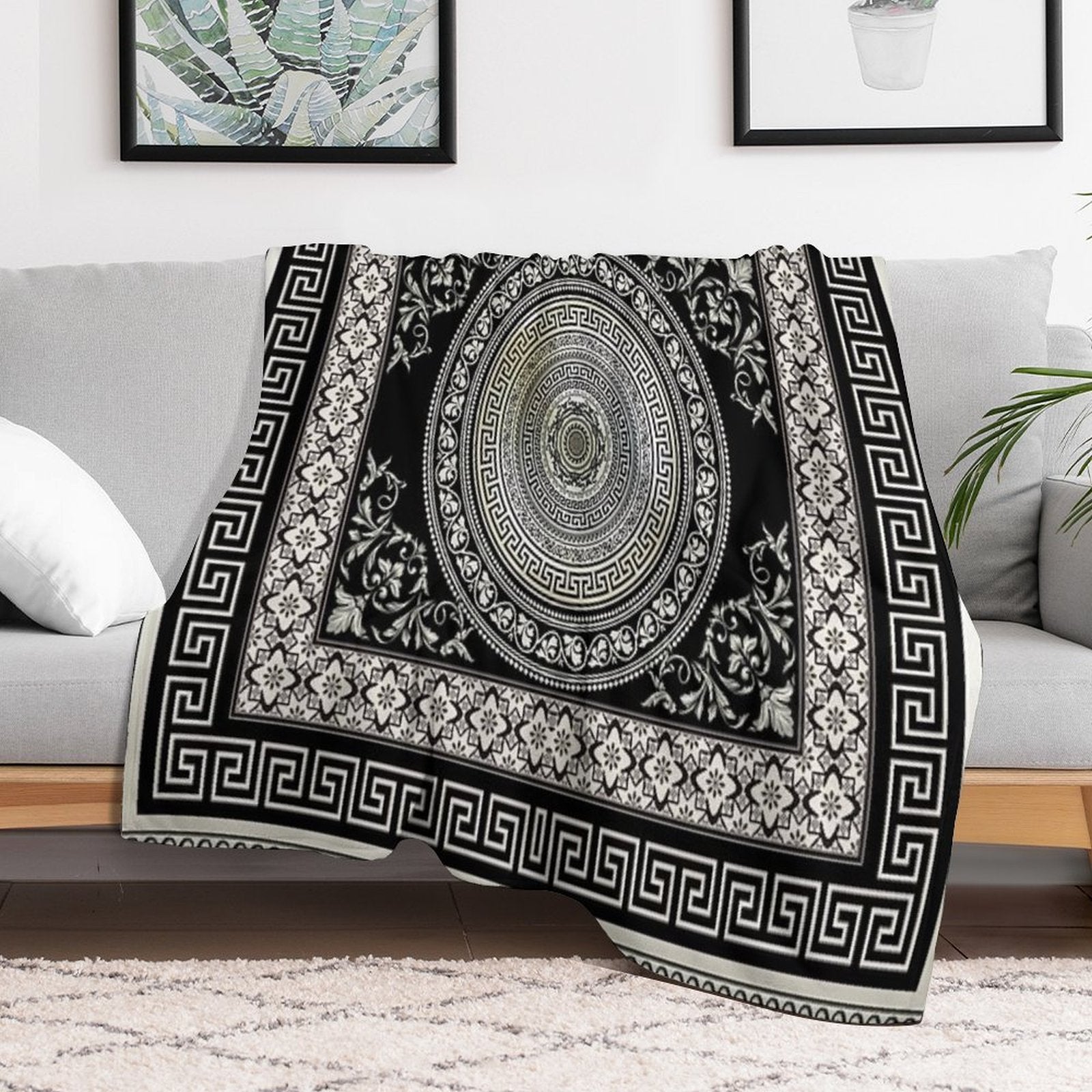 Greek Key Meander Black Cream Ornate Medallion All-season Throw Blanket