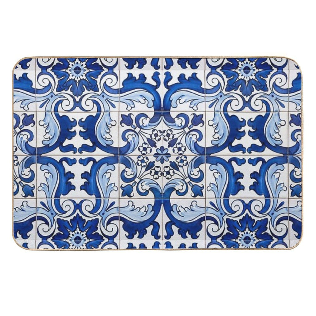 Antique Classic Lisbon Blue Azulejo Tile Floral Pattern  Pet-Safe Bath Mat