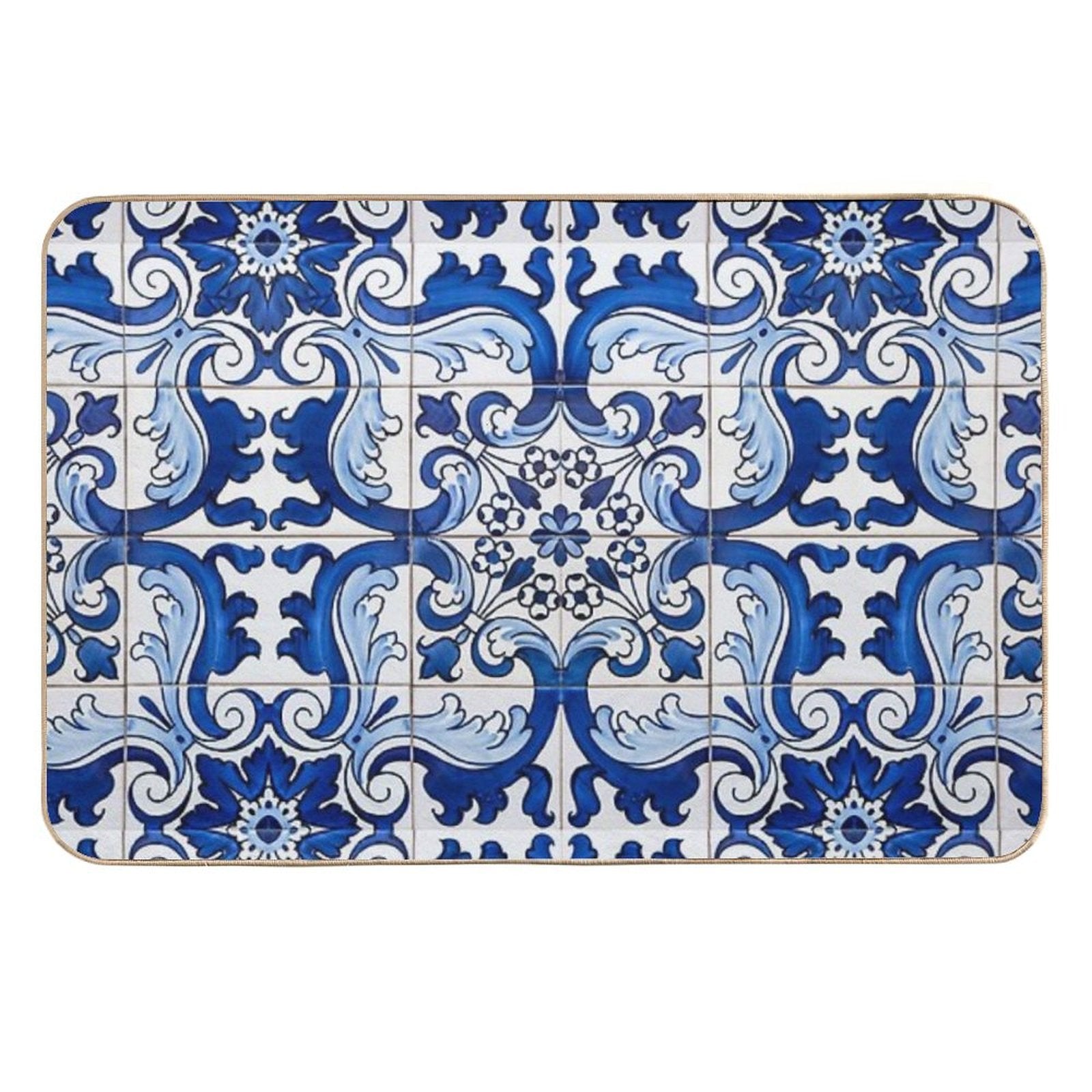 Antique Classic Lisbon Blue Azulejo Tile Floral Pattern  Pet-Safe Bath Mat