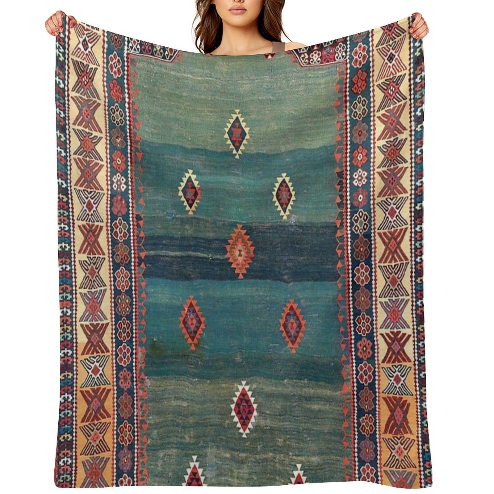 Sivas Antique Turkish Niche Kilim Print Multi-functional Throw Blanket