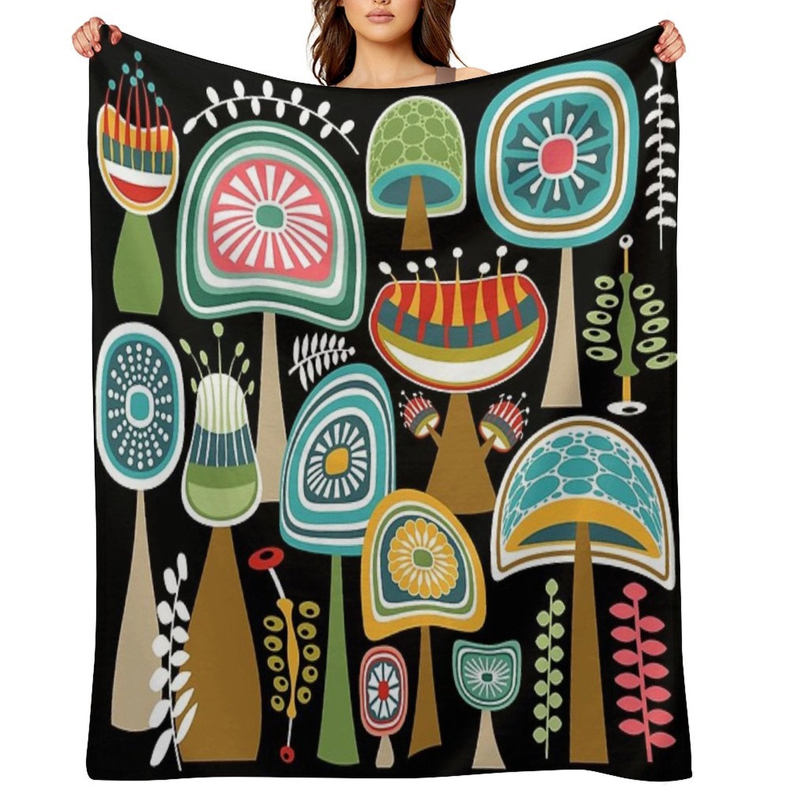 Colorful Mid Century Modern Mushrooms  Large Scale Gift-ready Throw Blanket