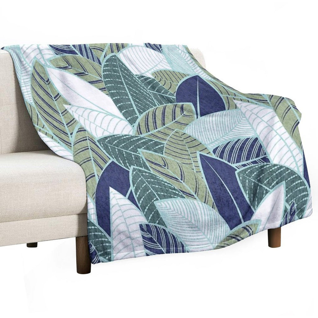 Leaf Wall  Navy Blue Pine And Sage Green Leaves Mint Lines Anti-pilling Throw Blanket