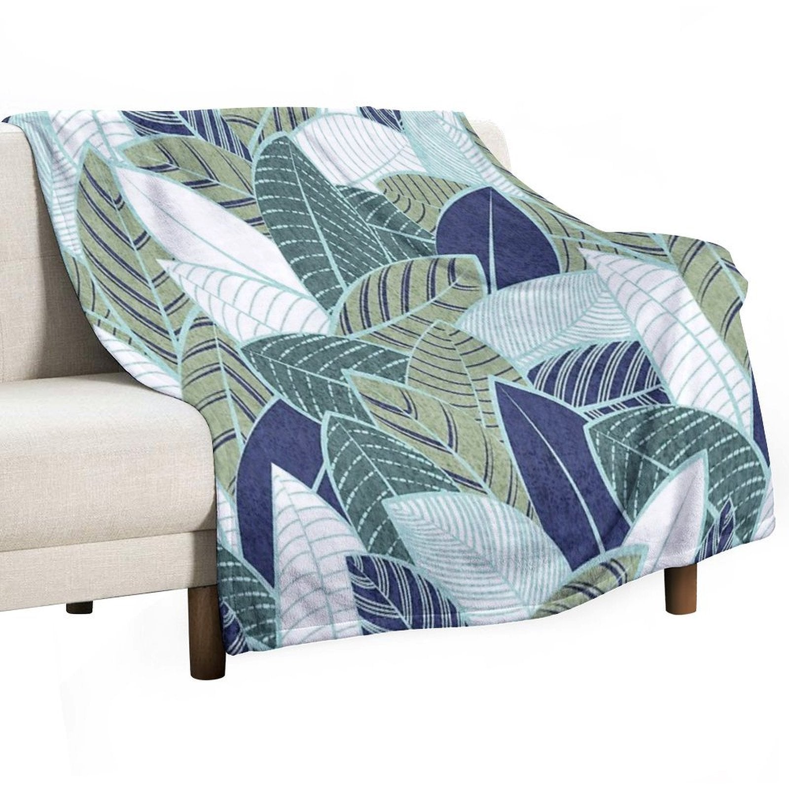 Leaf Wall  Navy Blue Pine And Sage Green Leaves Mint Lines Anti-pilling Throw Blanket