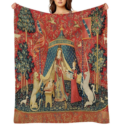 LADY AND THE UNICORN DESIRE ,Lion,Fantasy Flowers,Animals,Red Green Floral Tapestry Premium Throw Blanket