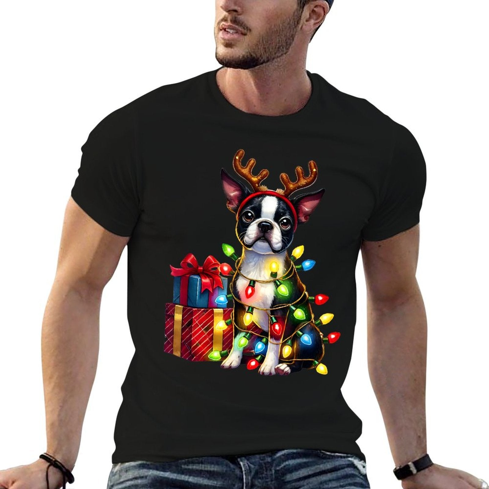 Pet Animal Boston Terrier Dog Reindeer Antlers Christmas for Men Women Kids  Quick-drying T-Shirt