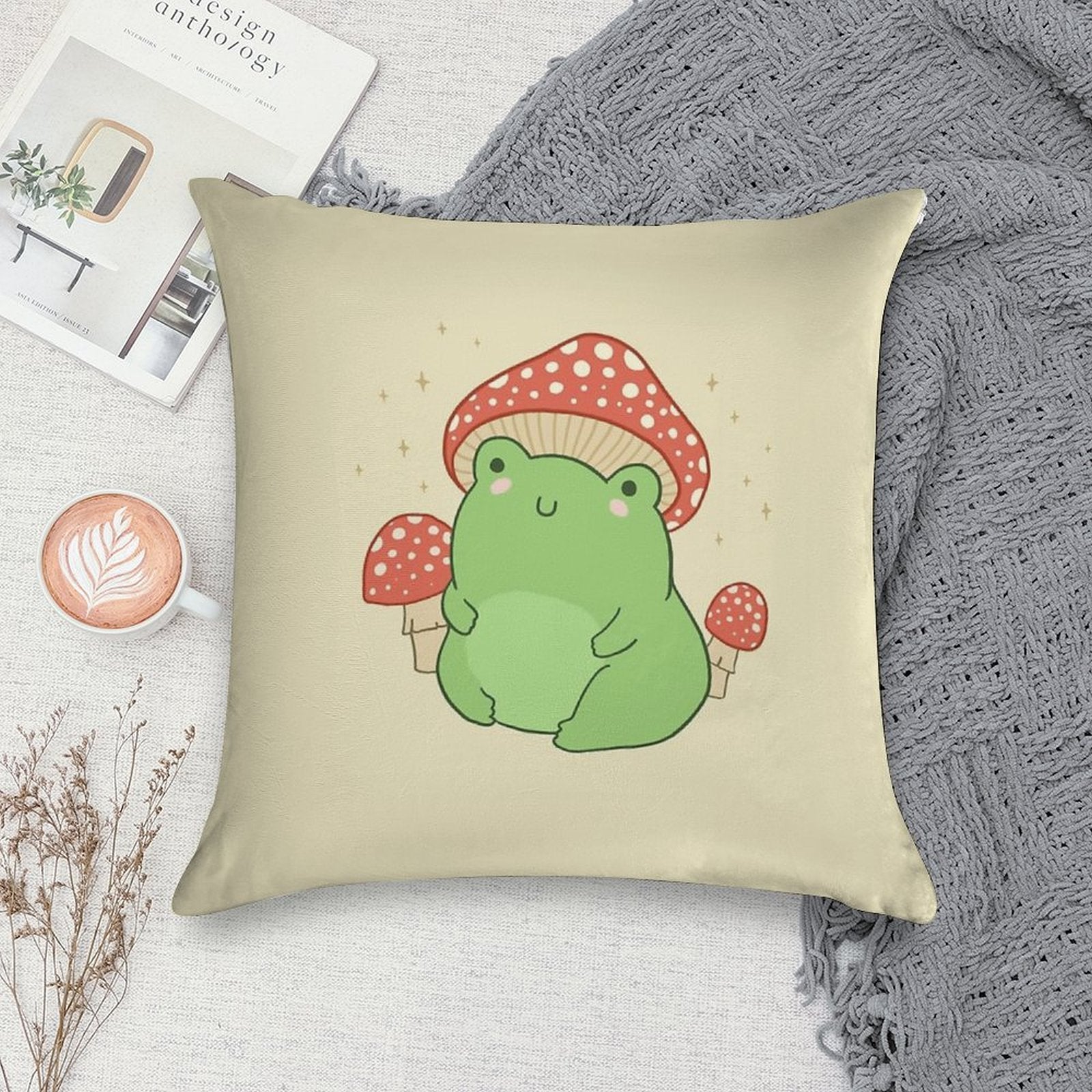 Kawaii Frog with Mushroom Hat Cottagecore Aesthetic Froggy, Chubby Toad in Forest Themed Fantasy Toadstools Soft Hidden Zipper Throw Pillow