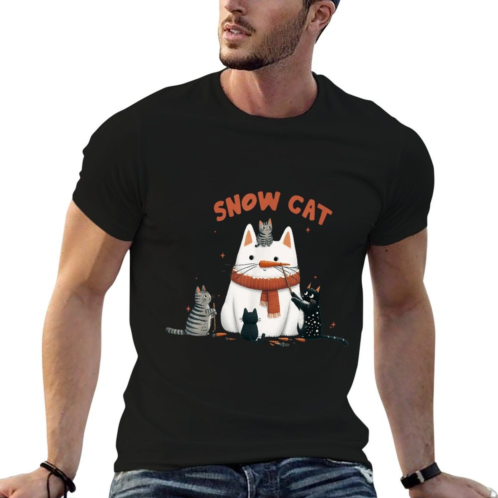 Funny Snow Cat Snowman Christmas Cat  Ribbed Collar T-Shirt