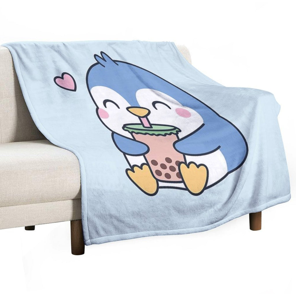 Cute Little Penguin Loves Boba Tea Versatility Throw Blanket