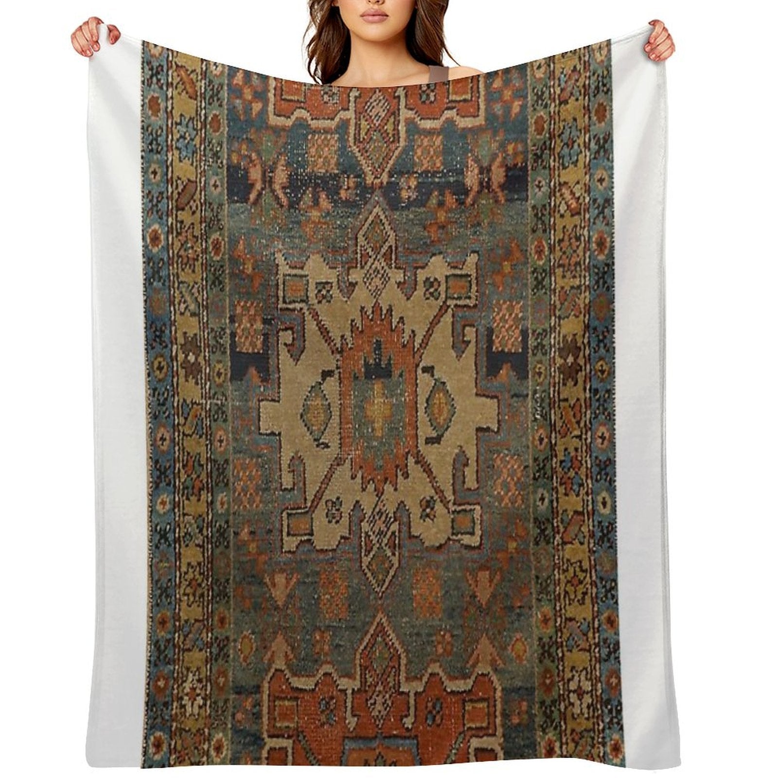 Persia Heriz 19th Century Authentic Colorful Picture of A Orange Blue And Green Rug Sustainable Throw Blanket