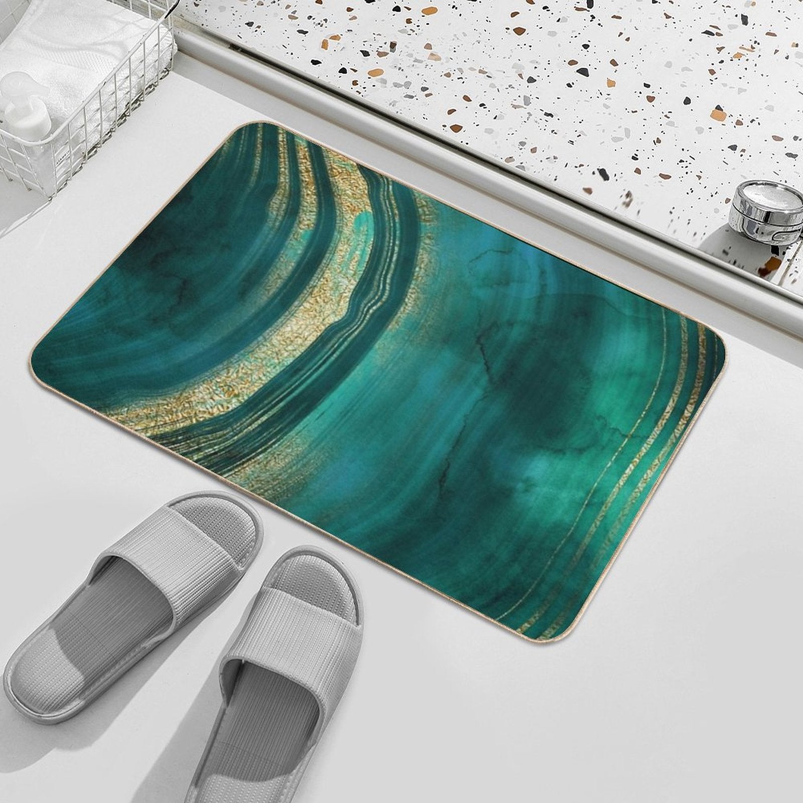 Gold Veined Green Luxury Faux Marble  Rapid-Drying Bath Mat