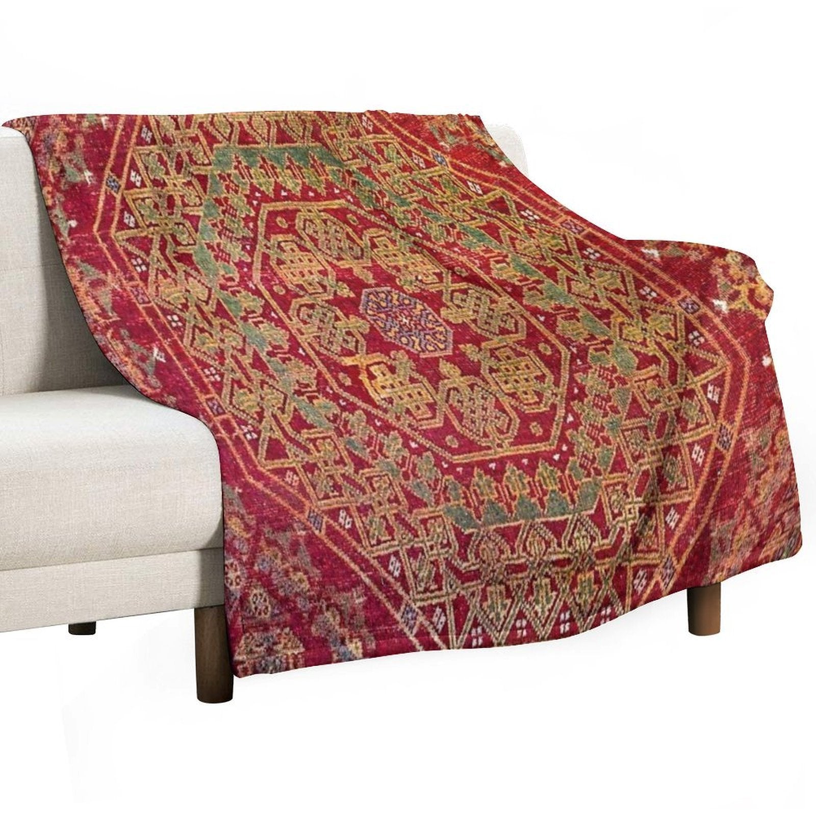Bohemian Medallion VII  15th Century Old Distressed Red Green Coloful Ornate Accent Rug Pattern Wrinkle-free Throw Blanket