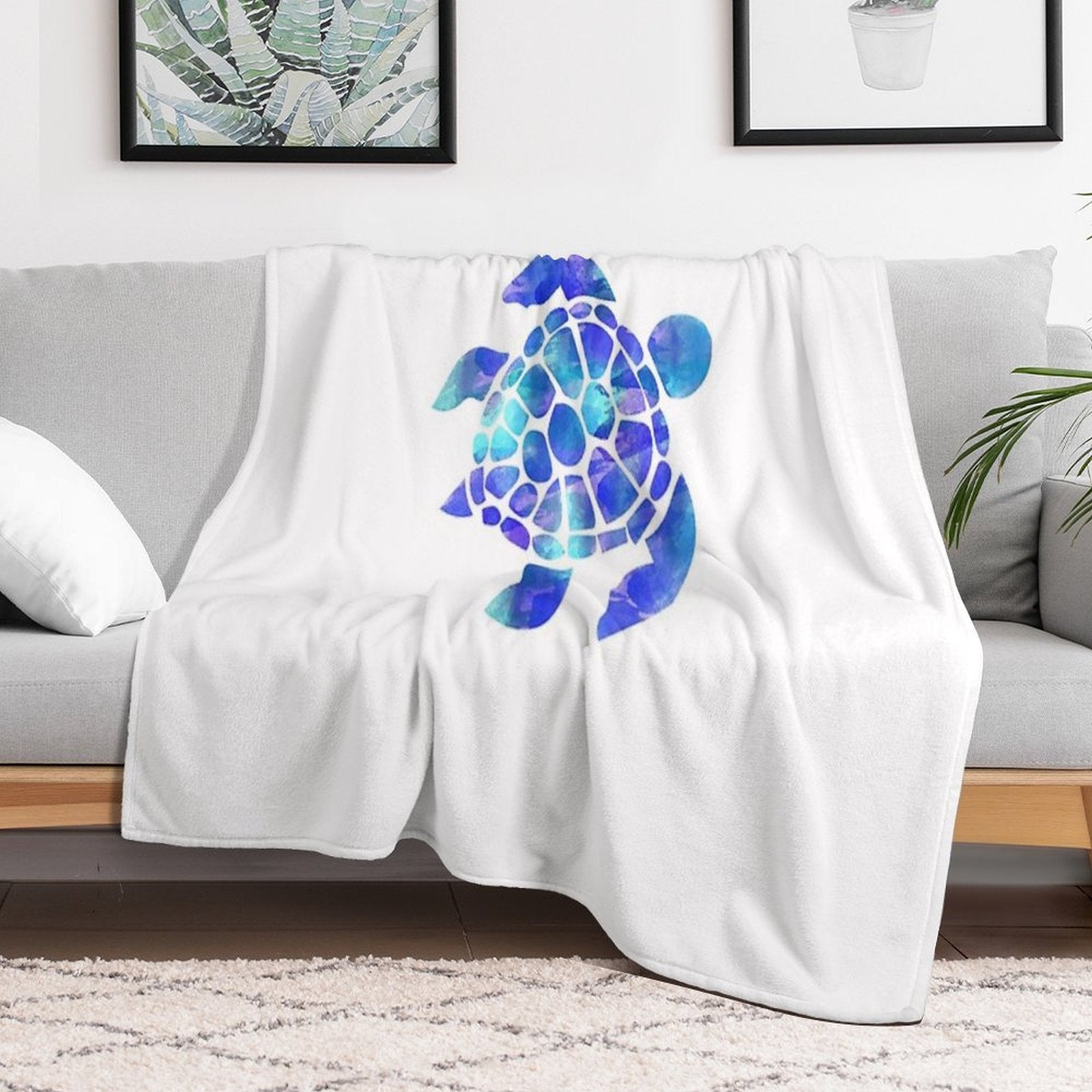 Sea Turtle Watercolor Blue And Purple Plush Throw Blanket