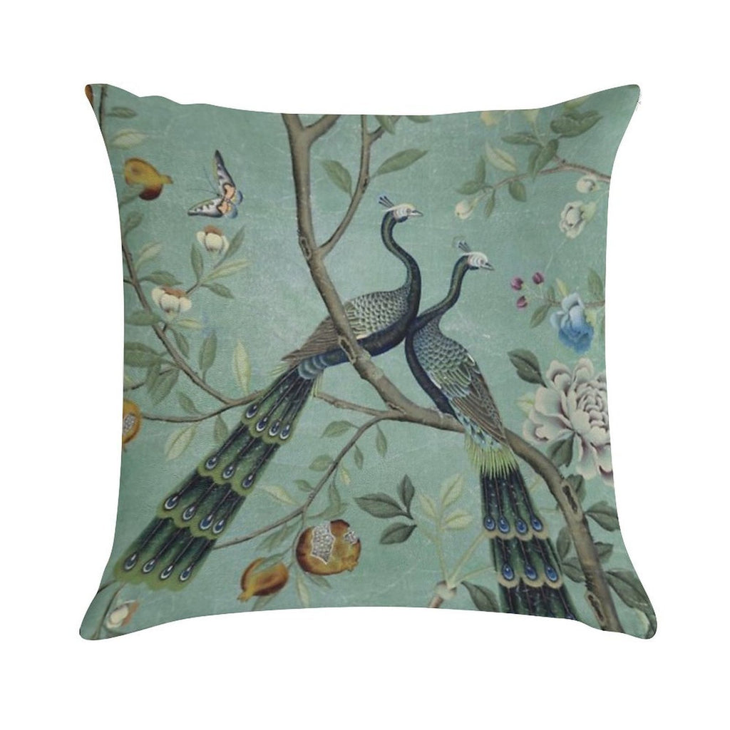 A Teal of Two Birds Chinoiserie Soft Multiple Sizes Throw Pillow