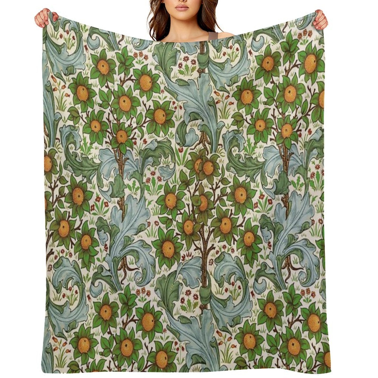ORANGE TREE WITH BLUE GREEN LEAVES ,FLOWERS Soft Floral Art Nouveau Pattern Anti-pilling Throw Blanket