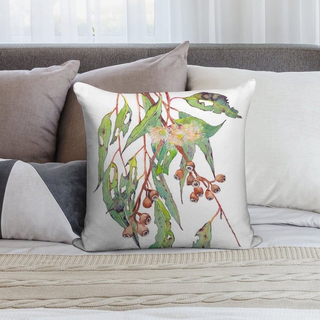 Watercolour Eucalyptus Tree Branch with White Flowers & Gumnuts. Soft Style Accent Throw Pillow