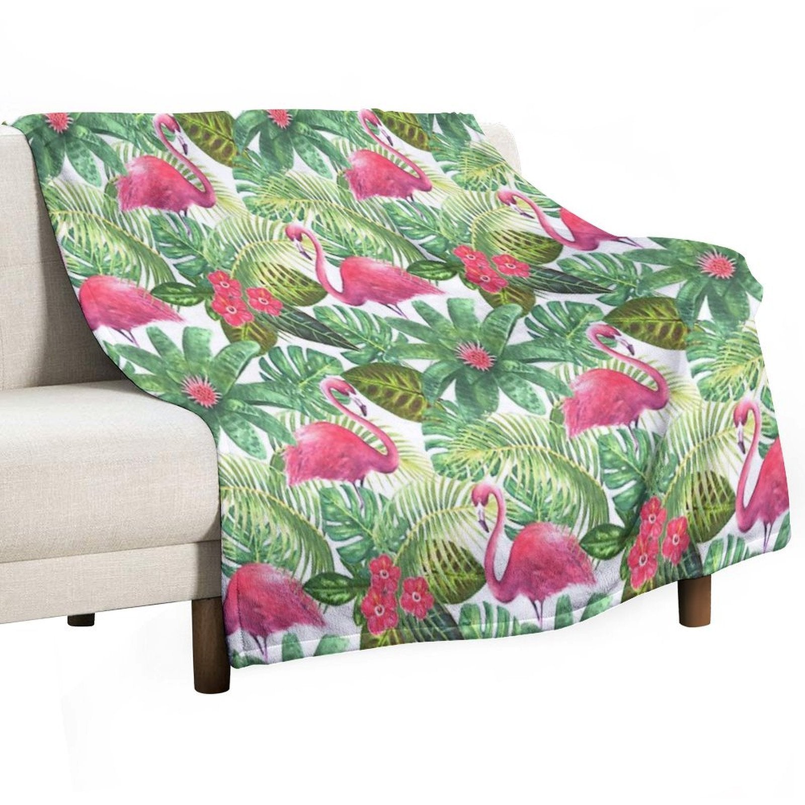 Tropical Exotic Seamless Pattern with Pink Flamingos on White Background Premium Throw Blanket