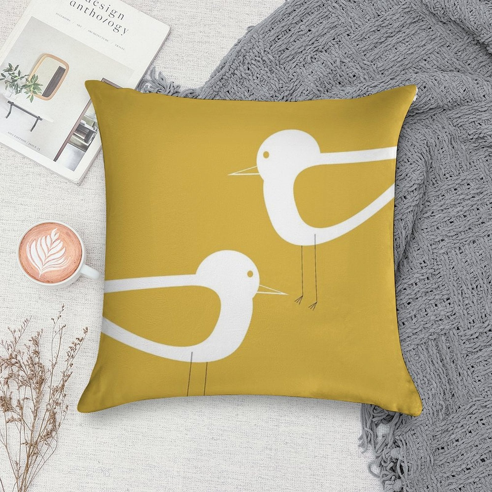 Shorebird Pair in Light Mustard Yellow And White. Minimalist. Clean. Cute. Coastal Soft Multiple Sizes Throw Pillow