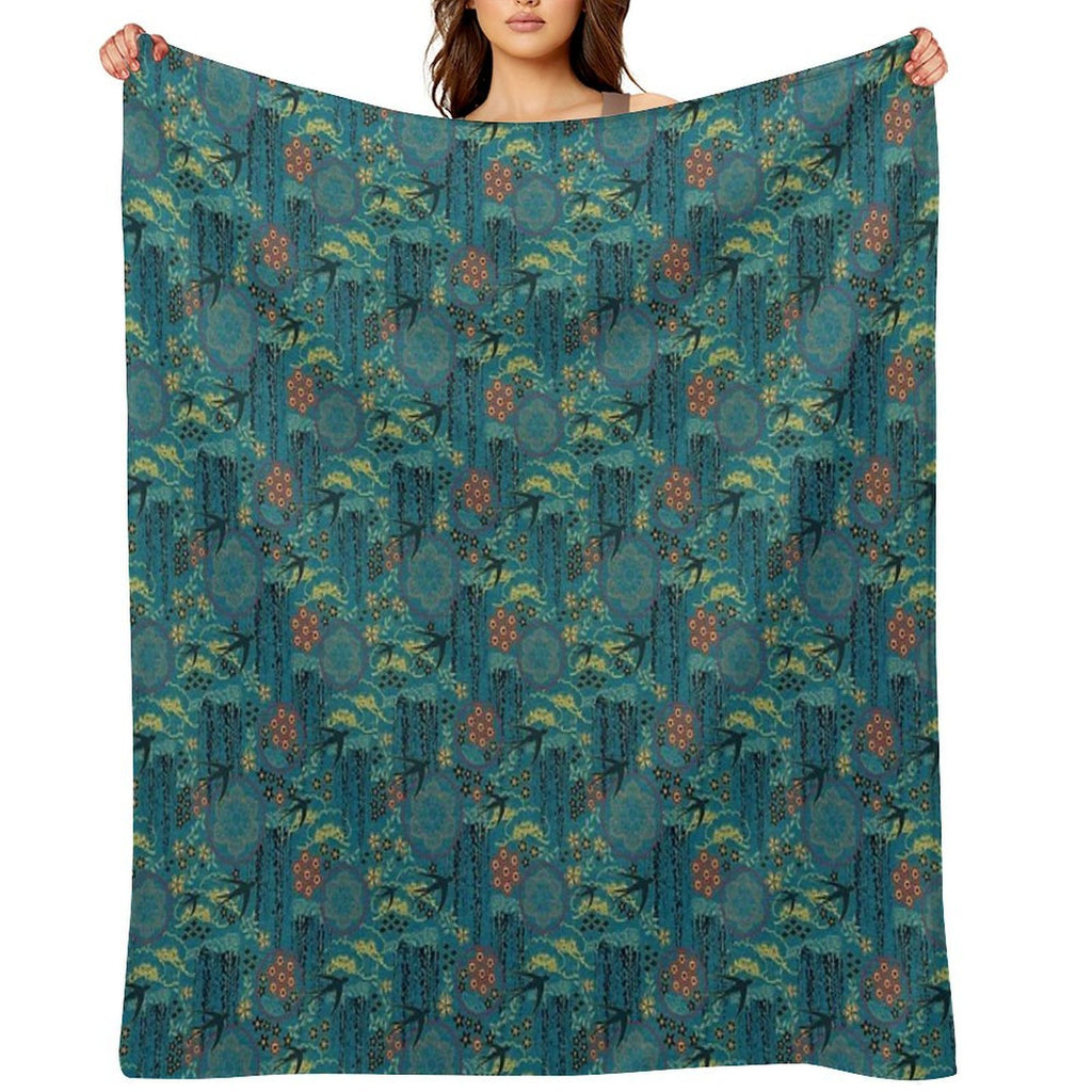 Japanese Garden in Teal Gold Red And Black Durable Throw Blanket