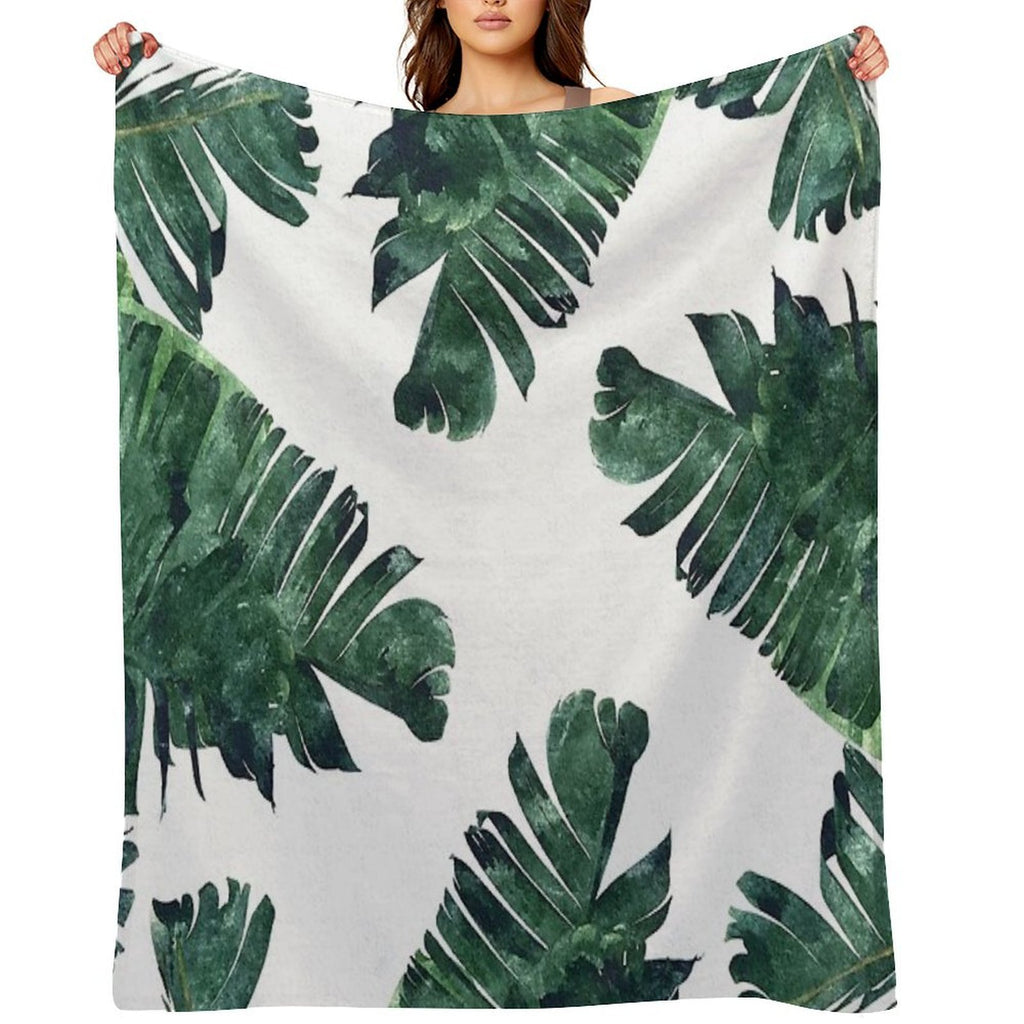 Banana Leaves Watercolor Painting, Tropical Botanical Jungle Nature Minimal Vibrant Modern Bohemian Illustration Shrink-resistant Throw Blanket